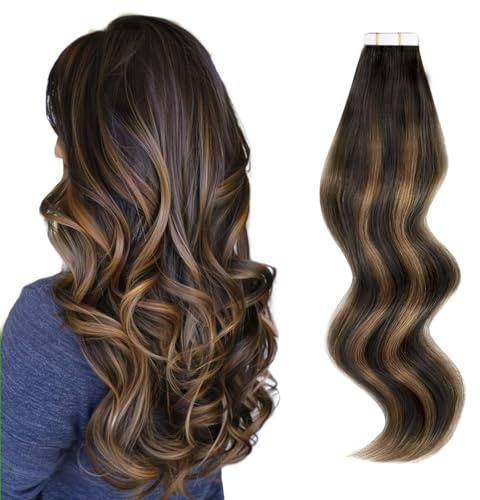 ABH AMAZINGBEAUTY HAIR Tape in Hair Extensions Real Human Hair Rooted Darkest Brown Highlighted Chestnut Brown Tape in Human Hair 14 Inch #P2-6-2 50g 20pcs