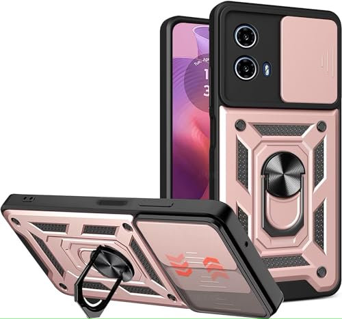 PIXFAB for Motorola Moto E14 / G04 / G04s / G24 Case, Shockproof Case with Camera Lens Protection, Protective Ring Armour Phone Cover [Kickstand], Dual Layer Shock Absorption Phone Case - Rose Gold