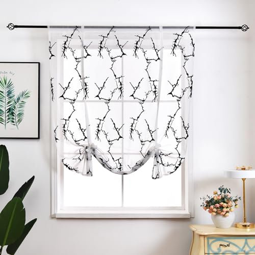 Raffrollo Mit Schlaufen, Raffgardinen Gardinen Küche Bindegardine Transparent Schlaufenrollo Vorhänge Mit Stickerei，1 Stück (BxH 80x140cm,Schwarz)