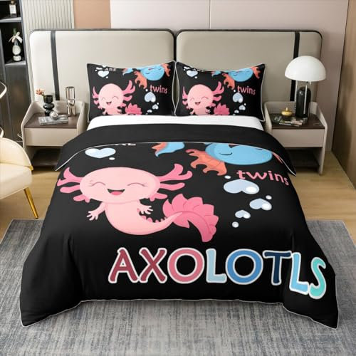 Kind Kawaii Axolotl 100% Bio-Baumwolle Tröster-Bezug,Paar Rosa Blaue Axolotl Bettwäsche Set,Niedliche Ozean Tier Bettbezug,Cartoon Küste Kreatur Bettbezug,Schwarzes Schlafzimmer Dekor 135x200