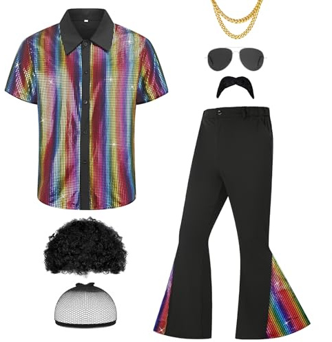 Ezuwail Herren 70er Jahre Disco Outfit Kostüm Kurzarmhemden Schlaghosen Perücken Halskette Schnurrbart Sonnenbrille 6Pcs