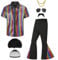 Ezuwail Herren 70er Jahre Disco Outfit Kostüm Kurzarmhemden Schlaghosen Perücken Halskette Schnurrbart Sonnenbrille 6Pcs