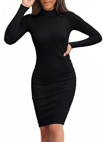 Valiamcep Women's Long Sleeve Dress Mock Neck Basic Ribbed Slim Fit Casual Bodycon Mini Dresses, Z Black, XL