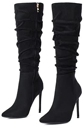 Zhabtuc Stivali al Ginocchio da Donna Stivali Alti al Ginocchio in Finta Pelle Scamosciata 10 cm con Tacco a Spillo e Punta a Punta con Zip Laterale Scarpe Eleganti, camoscio nero, 38.5 EU