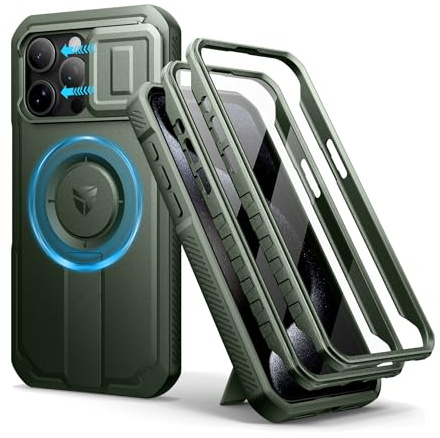 Dexnor for iPhone 15 Pro Max Magnetic Case With Slide Camera Cover & Adjustable Kickstand & Built-in Screen Protector, Rugged Shockproof Bumper Cases Heavy-duty Cover - Military Green