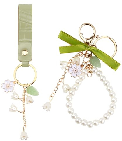 Cncedi 2Pcs Xmas Lily of The Valley Flower Key Chains, Green Ribbon Forest Cute Keychains, Women's Leather Key Rings, Anti-Lost Pearl Pendant for Women And Girls for Car Keys Handbags Clothing
