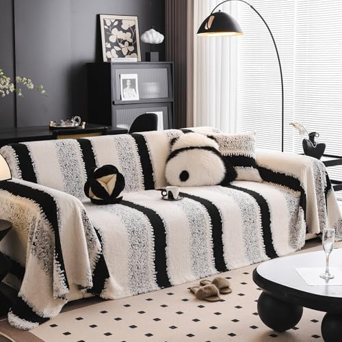 SHANNA Gestreift Samt Sofa Überwurfdecke 1/2/3/4 Sitzer, Einfache Installation Sofaschoner Sofabezug L Form U Ecksofa Große Sofa Überzug, Sofaüberwurf Couch Überzug Sofa Cover Futonbezug mit Quaste