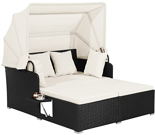 GIANTEX Sonneninsel Sonnenliege 2 Personen, Doppelliege Outdoor Gartenliege mit faltbarem Sonnendach, Liegeinsel mit klappbaren Tablett & Kissen, Gartenlounge Gartenmuschel Daybed Outdoor