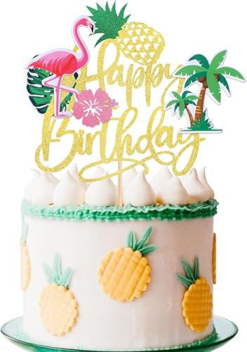 Decoration Gateau Anniversaire d'Été,Flamingo Happy Birthday Topper, Décoration de Gâteau Piscine Plage,Deco Gateau Tropical,Hawaiian Gâteau Topper,pour Fête de Été Thème Décoration Fournitures (A)