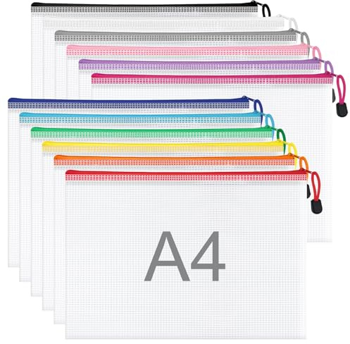 WISYOK A4 Plastic Zip Wallets, 12pcs, 33x23cm, 12 Colours | Zip Lock Bags Mesh, Plastic Folders, Document Wallets, Zipper File Bags for Office, School, Travel, Home