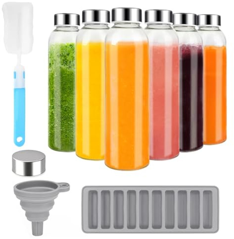 Hylruu Glass Bottles with Lids,6 Pack 500ml Leakproof Glass Bottle with Airtight Metal Lids, for Water, Juice, Milk and Smoothie