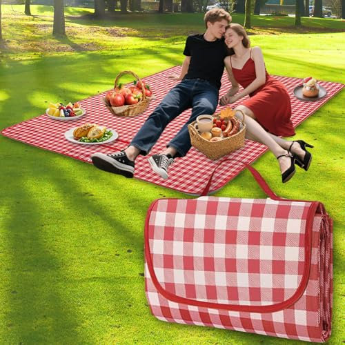 Yesmoyhe Picknickdecke Rot Kariert, 200x200cm Picknick-Matte Rot Karier, picknickdecke rot weiß kariert, picknickdecke groß, wasserdicht Picnic Blanket, für Garten, Strand