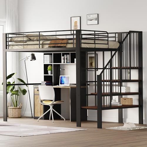 Lcoho Cama alta (140 x 200 cm). Estructura de metal estable con amplio espacio de almacenamiento debajo de la cama y escaleras. Ideal para niños y adultos para una máxima eficiencia de espacio (negro)