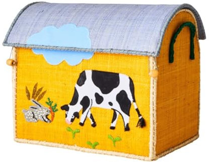 Rice Aufbewahrungskorb mit Kuhmotiv | handgefertigter Raffia-Korb im Landhausstil in Gelb, Größe S (37x25x31 cm), Deko & Spielzeugkorb für Kinderzimmer & Bauernhoffans