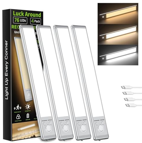 4 Pack Under Cabinet Kitchen Lights, 24cm Rechargeable 76 LEDs Wireless | Motion Sensor, 3 Color Temperatures, Wireless, Easy Installation, Aluminum Alloy, Low Power Consumption, for Cupboard, Stairs