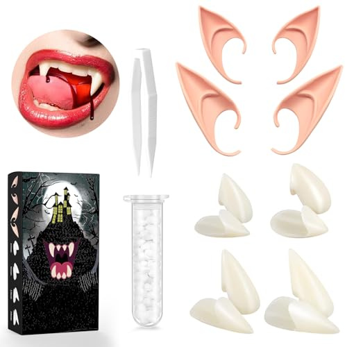 JINYJIA Orejas de Elfo, Dientes de Vampiro, 4 Pares Colmillos Vampiro, 2 Pares Orejas de Elfo con 1 Pegamento Vampire Teeth, para Halloween Cosplay Fiesta Adulto Niño