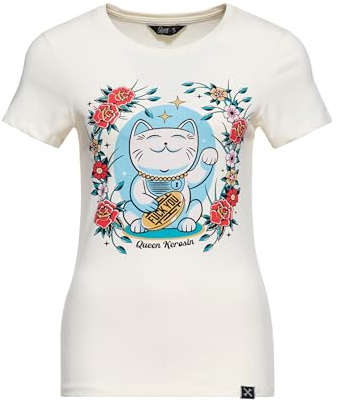 Queen Kerosin Damen T-Shirt, Kurzarmshirt, Print-Shirt, Artwork, Maneki, Neko, Glückskatze, Tattoo, Roses, Retro · Vintage · Rundhals, Slim Fit, Lucky Cat