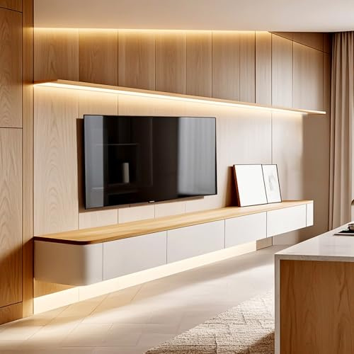 ZGCSINNK Wall Mounted Floating TV Stand Cabinet With Open Shelves And 2 Storage Cupboards For TVs Up To 40-100 – Modern Entertainment Console For Living Room Entertainment(Natural,300cm)