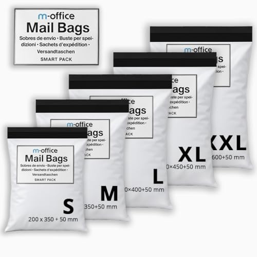 M-office Versandtaschen Selbstklebend 25 Stk Mix 5 Größen (S bis XXL) Versandtaschen wasserdicht selbstklebend für Kleidung, Pakete & Online-Shops – Recycelbar mit sicherem Verschluss