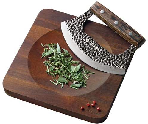 Zassenhaus Wiegemesser-Set MINCER, Messer rund aus Spezial-Klingenstahl/Pakkaholz, Holzbrett Akazie, 17cm Klingenlänge, Brett 20 x 20 x 2 cm, für Kräuter & Nüsse, Kräutermesser, Kräuterbrett