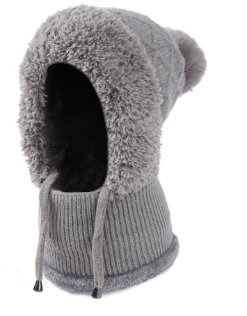 GYIOFAI Winter Warme Strickmütze mit Nackenwärmer, 3 in 1 Beanie Mütze Sturmhaube Schal mit Gesichtsbedeckung, Slouch Wollmütze mit Haarball, Fleece Futter, Winddicht Snood Hood, für Outdoor Wandern