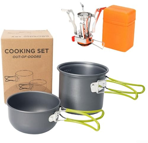 Batterie de cuisine de camping, portable, antiadhésive, peu encombrante, pour réchaud de pique-nique extérieur AT101-1 (poignée verte)