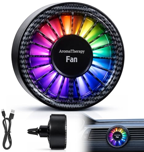 Yaskyly Car Fan USB Car Vent Cooling Fan with Colourful LED Lights & 3 Aroma Pads, Portable Auto Air Circulator Fan 3 Speeds Ultra Quiet 360° Rotatable for Car SUV Van RV Truck Home Desk