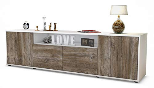 Stil.Zeit TV Schrank Lowboard Arianna, Korpus Weiss matt, Front Holz-Design Treibholz (180x49x35cm), mit Push-to-Open Technik