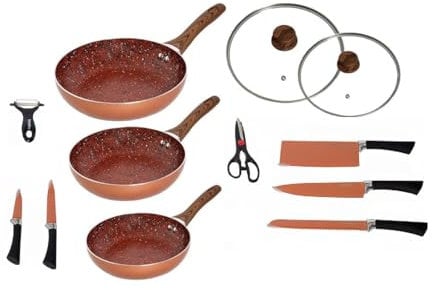 MAXELLPOWER JUEGO DE 3 SARTENES ANTIADHERENTES 2 TAPAS COLOR COBRE COPPER PAN APTO HORNO. NO INCLUYE CUCHILLOS