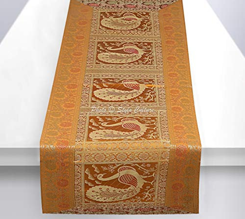 Stylo Culture Dekorativer Indien Tischdecke Senfgelb Gold Pfau Mit Blumen Bohemien Jacquard Tischläufer Rechteckig 5 Fuß Für Wohnzimmerdekor Brokat Hochzeit Tischplatte (40 x 152 cm)
