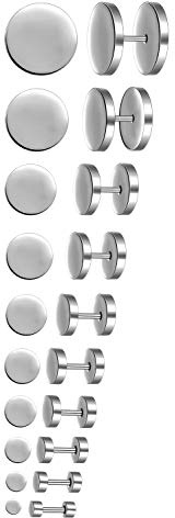 3-14mm Boucles d'oreilles Set 10 PAIRES en Acier Inoxydable Studs Boucle d'Oreille Faux Plug Fakeplugs Haltère Barbell pour Hommes Femmes, Argent/Noir/Or/Or Rose/Bleu