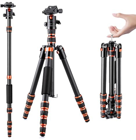 K&F Concept Treppiede Fotocamera 154cm, Treppiede in Carbonio C225C0+BH-25, Tripod Camera Compatto con Monopiede e Testa a Sfera a 360°, Carico Max 8kg, Cavalletto Fotografico per DSLR/Sony/Canon,ecc.
