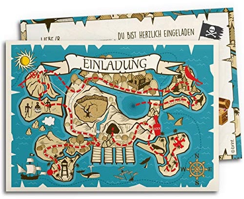 12x Einladungskarten für Kindergeburtstag | Piraten-Schatzkarte | Einladungen für Jungen | Einladungskarten Geburtstag Kinder Junge Pirat | Geburtstagseinladungen Schatzsuche Partyeinladungen Jungs