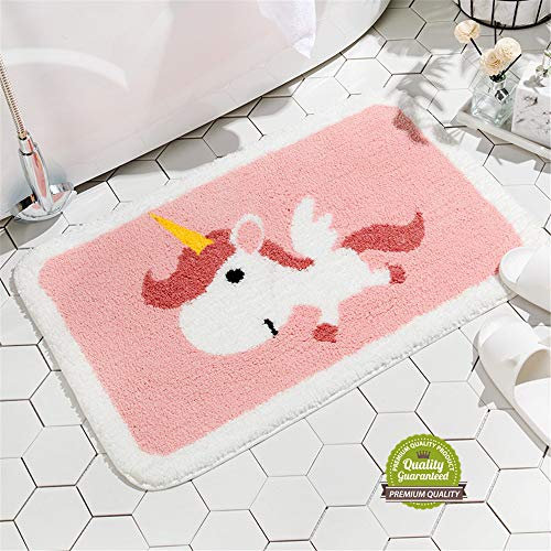 Treer Badezimmermatte Weicher Saugfähig Badezimmerteppich, Mikrofaser Beflockung Badematten Antirutsch Badvorleger Duschteppich Waschbar Badteppich (40x60cm,Einhorn)