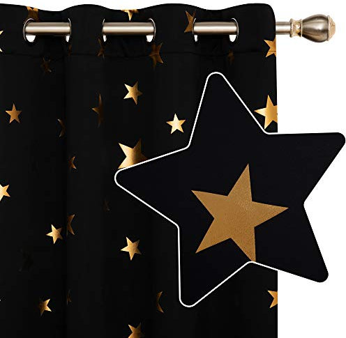 Deconovo Sterne Gardine Thermo Vorhang mit Ösen Verdunkelungsvorhang Muster Büro, 183x117 cm(HöhexBreite), Schwarz, 2er Set