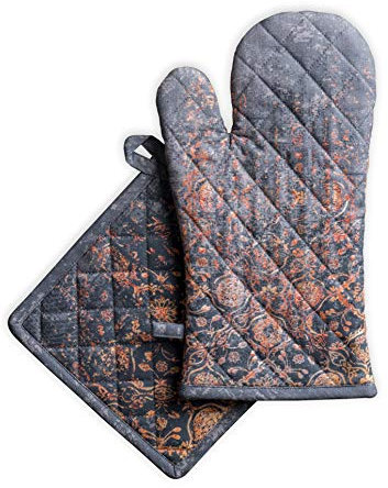 Maison d' Hermine 100% Cotton Oven Mitt & Pot Holder Set (19 x 33 cm & 20 x 20 cm) Heat Resistant BBQ Cooking Gloves with Loop for Christmas Decorations Baking Handling Hot Pans (Imperfection)