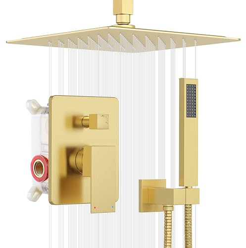 ESNBIA Rain Shower Head with Handheld Spray Combo, 12 Brushed Gold