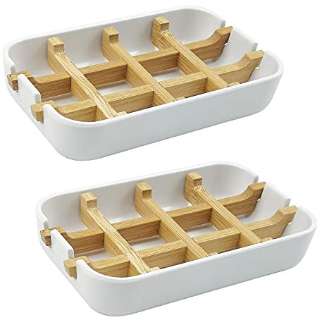 Soap Dish, 2 Pack Bamboo Self-Draining Soap Box, Soap Dishes Holder for Shower, Bathroom, Kitchen, Bathtub, Bar Sink (White)