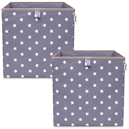 LIFENEY Aufbewahrungsbox 2er Set Sternenmotiv in Dunkelgrau, Spielzeugbox mit Sternen passend für Würfelregale, Ordnungsbox für das Kinderzimmer, Aufbewahrungskorb als Accessoire | 33x33x33 cm