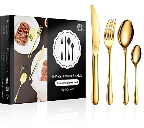 vancasso Besteck Gold Set 12 Personen, 48-Teilig Edelstahl Besteckset mit Messer/Gabel/Löffel/Dessertlöffel, 18/10 Edelstahl Besteckset Poliert mit Geschenkbox, Spülmaschinenfest