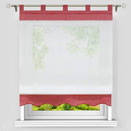 Heichkell Karierte Raffrollo mit Schlaufen Landhausstil Karo Raffgardine Küchegardine Wellenförmiger Borte Kurzstore Faltenrollo Rot BxH 140x155cm