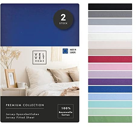 VelvetHome Doppelpack Spannbettlaken 90x200cm 100% gekämmte Baumwolle Made in EU Jersey Bettlaken 90x200 bis 25 cm Matratzenhöhe Spannbetttuch 90x200 Premium Qualität Schönen Farben Navy Blau 90 x 200