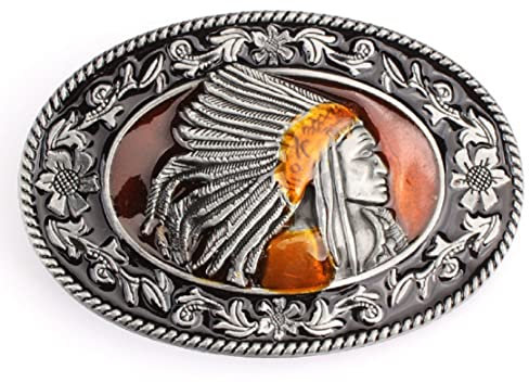 Longcreek Silber Indianer Gürtelschnalle, Oval, 9 × 6,1 cm, 84 g, für Gürtel bis 1,5 Zoll Breite, Western, Intricate, Poliert, Zinklegierung