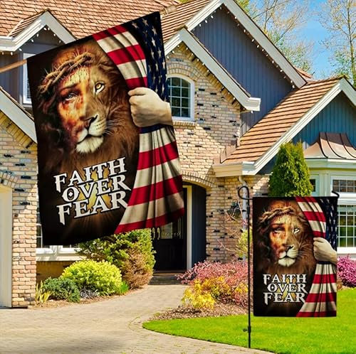 Bannière « Faith Over Fear Lion of the Judah » - Décoration d'intérieur ou d'extérieur - 32 x 48 cm