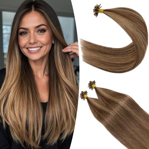 S-noilite Extensions de Cheveux Naturel Keratine, Bondings Extension de Humain Chevelure, Vrai Cheveux Kératine Extensions de Chevelure, 50g/Pack U Tip Extension, 40CM Châtain Chocolat/Blond Foncé