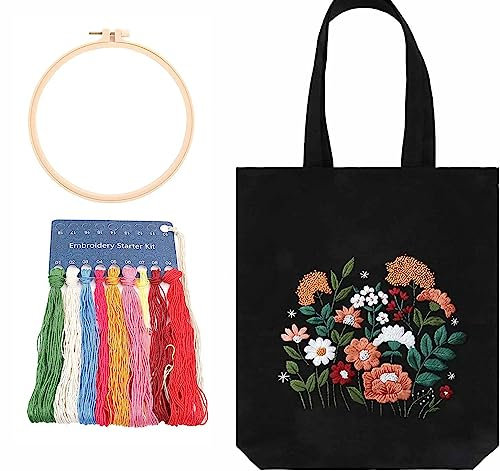 Stickset für Tragetaschen aus Segeltuch mit Muster für Anfänger, Kunst- und DIY-Bastelsets für Erwachsene mit Anleitung, Sticktasche und Stickrahmen (Schwarz)