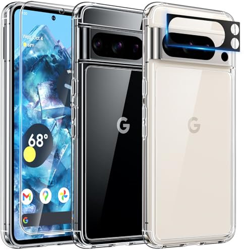 TAURI [5 in 1 Funda Compatible Google Pixel 8 Pro,[Nunca Amarillo][ Anti-Choque Delgada] Carcasa Protectora anticaída,con 2 Protector Pantalla + 2 Protector de Lente de Cámara-Transparente