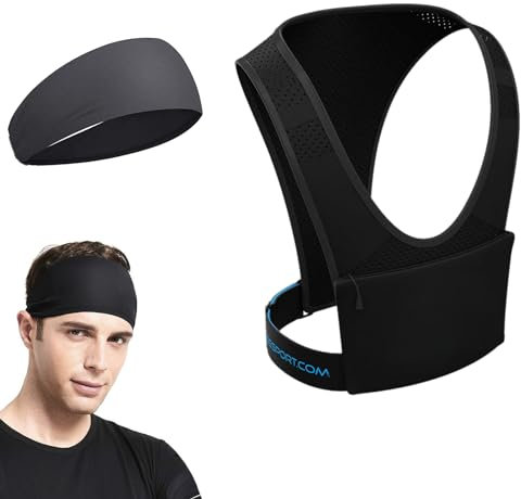 DALAETUS 2 Pièces Gilet De Course et Bandeau Cheveux, Réfléchissant Veste de Running Porte-Téléphone pour Le Sport, Le Jogging, la Gym, Léger Respirant Bandeau Cheveux pour Yoga,Tennis, Courir(Noir)