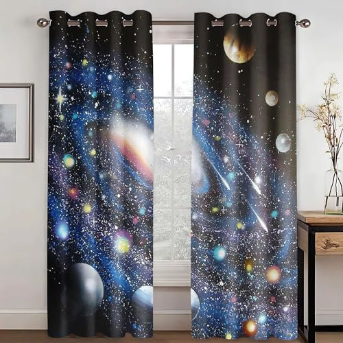 KARPIX Universum Planet Fenstervorhang Weltraum Sternenklar vorhänge Mit Ösen Blickdicht Gardine Für Kinder Und Jugendliche, 2 Paneele (5,280x245cm(2x140x245cm))