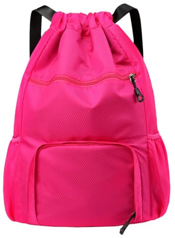 FAVORTALK String Bag Personalised Drawstring Gym Bags Waterproof Swim Bag with Shoe Compartment Large Capacity Drawstring Bags with Bottle Holder, Rose Red 17606